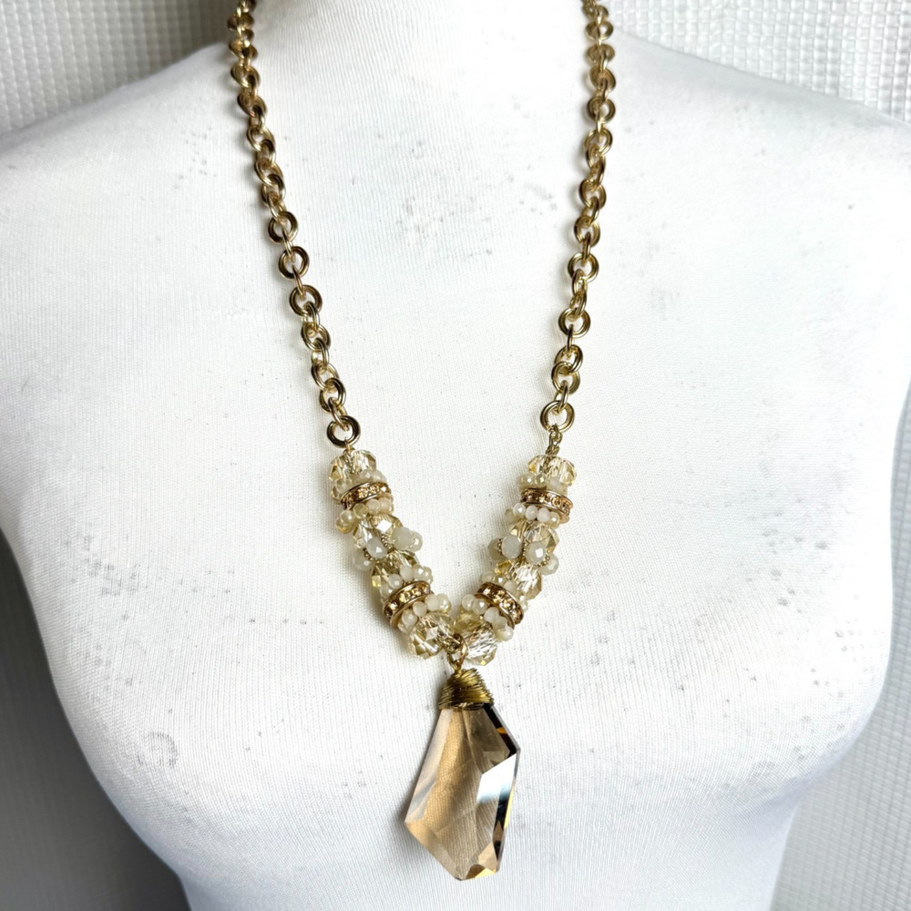 Vintage Smoky Faceted Crystal Pendant Necklace Beaded Gold Tone Chain Link 26”